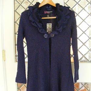 Boutique Peck & Peck Ruffle Sweater Cardigan Duster Small S Eggplant Purple NWT